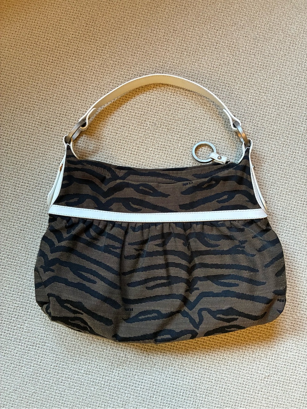 Brown and Black Zebra-Pattern Shoulder Bag with White Leather Trim